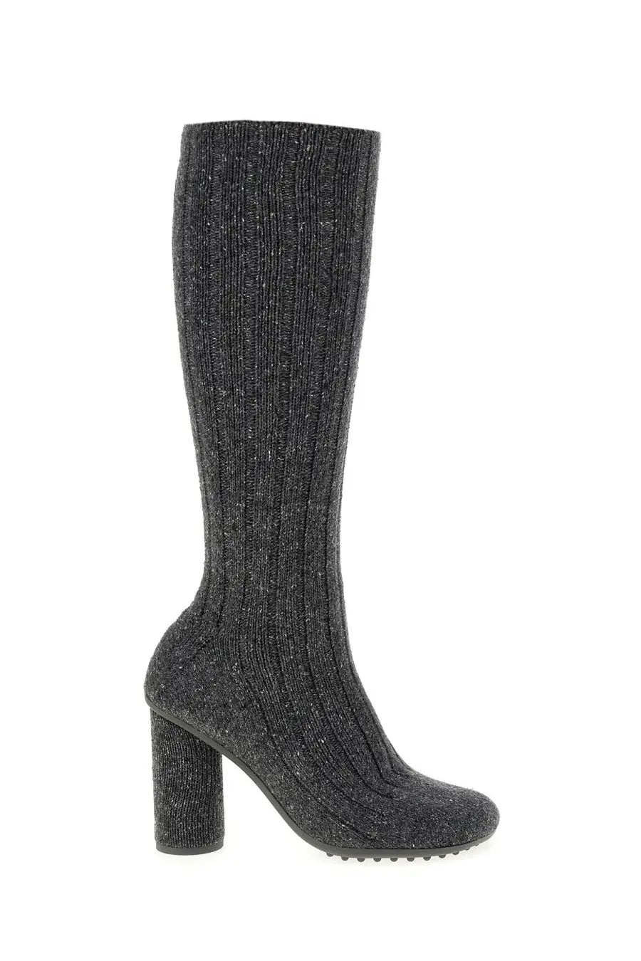 Dark gray ribbed knit knee-high boot with chunky heel by bottega veneta women’s atomic boot grey