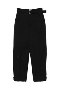 Bottega Veneta women’s black high-waisted belted pants with silver buckle and rolled cuffs at the ankles