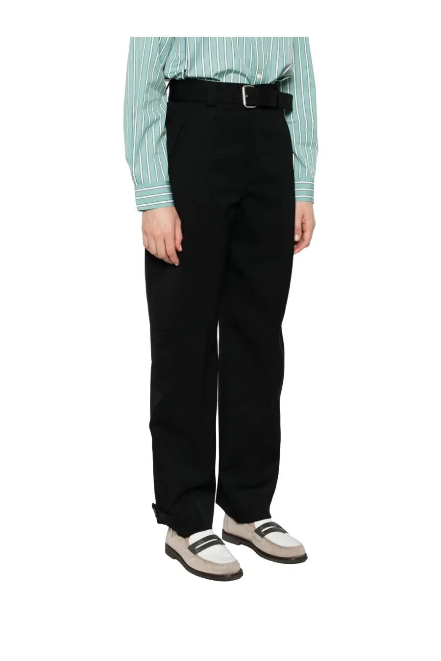 Black straight-leg tailored belt pants with subtle side pockets by bottega veneta for women