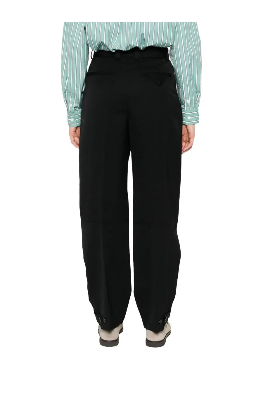 Black wide-leg high waist belted trousers with subtle back pleats by bottega veneta women’s pants