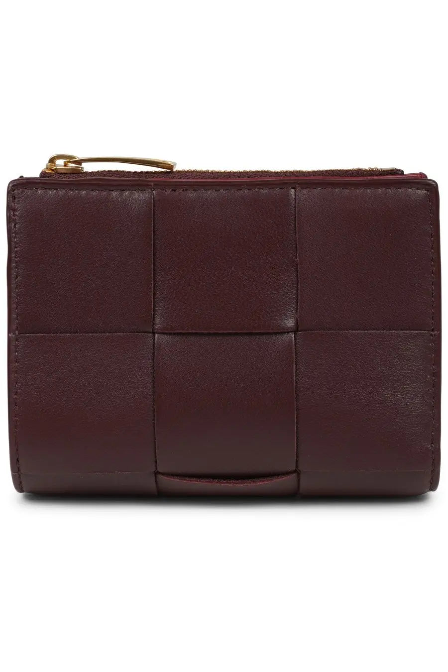 Bottega Veneta women’s bi fold wallet in brown burgundy leather with woven grid pattern and gold tone zipper