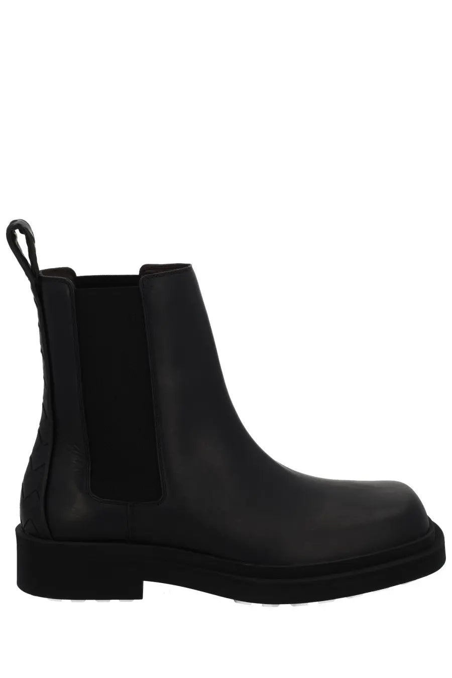 Bottega Veneta women’s black leather Chelsea boot with elastic side panels and chunky sole front view