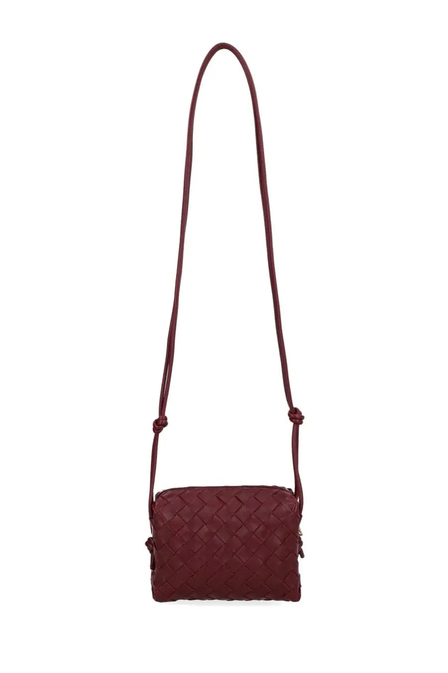 Bottega Veneta women’s camera bag loop mini red burgundy woven leather crossbody bag with long adjustable strap