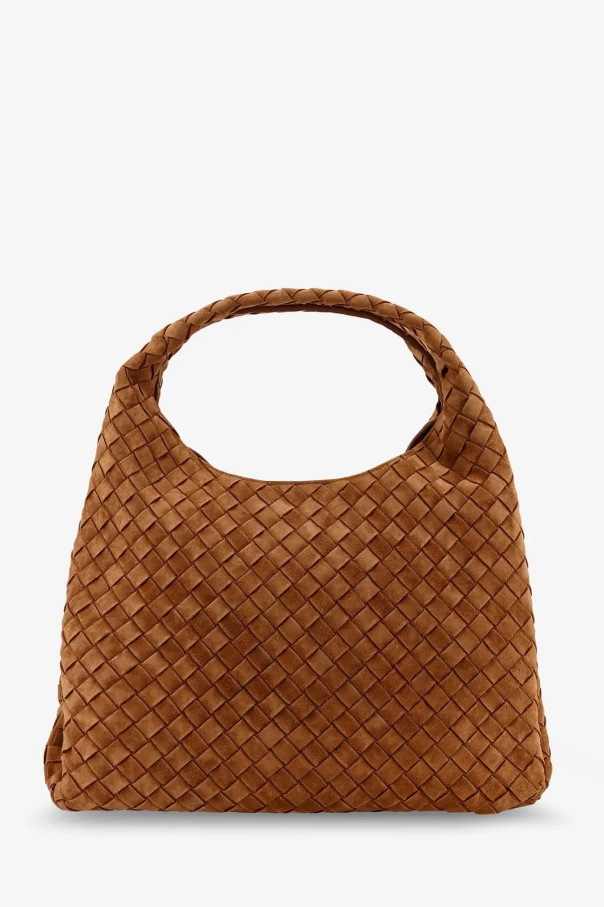 Tan bottega veneta intrecciato woven large suede shoulder bag in brown with structured diamond pattern and rounded handle