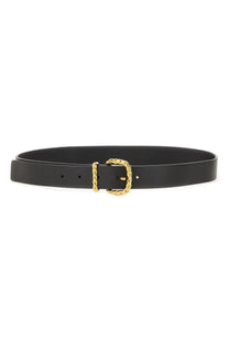 Bottega Veneta women’s black leather belt with a gold-toned twisted rope-textured buckle
