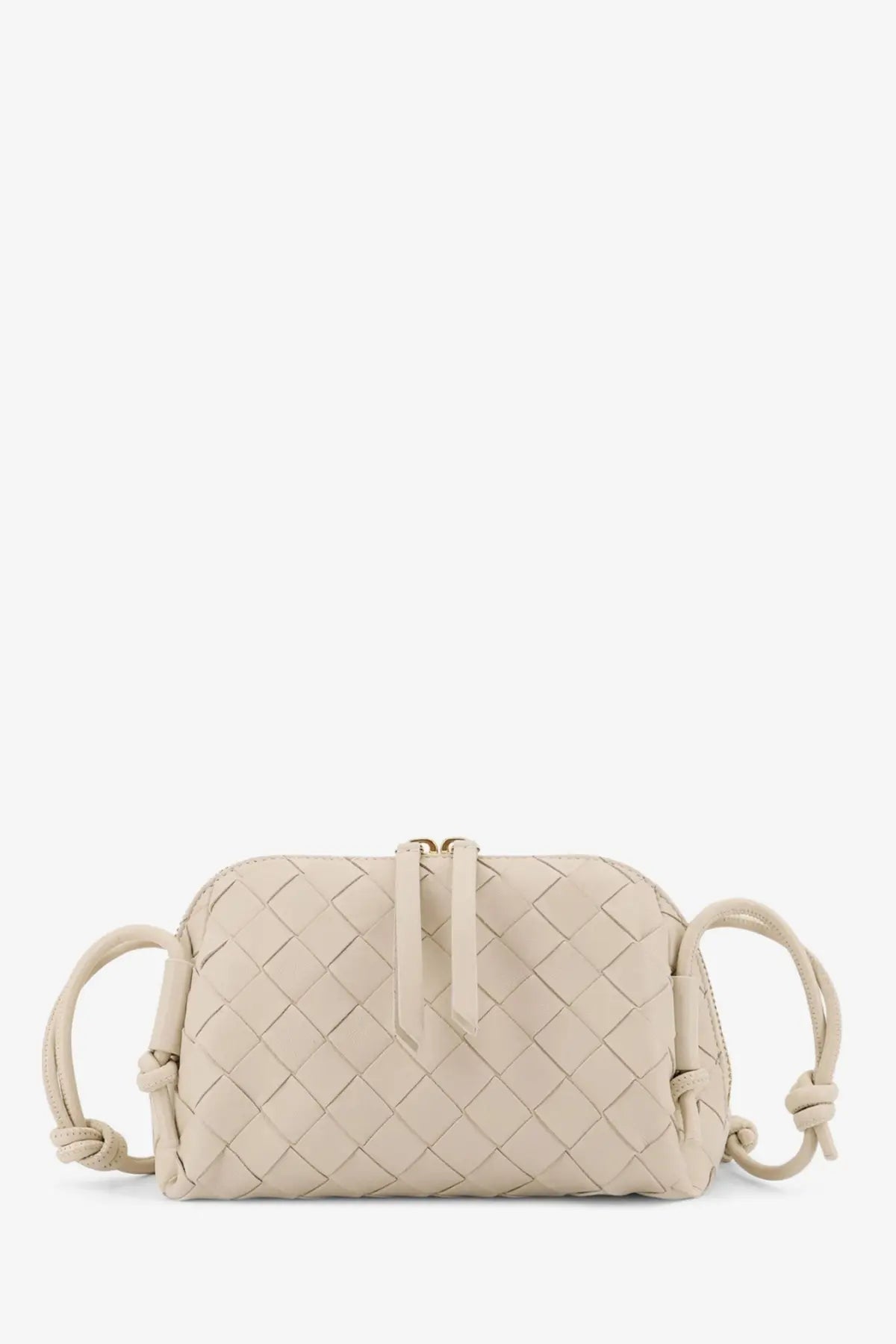 Beige woven leather crossbody bag with braided handles and central zipper closure by Bottega Veneta gold concert pouch