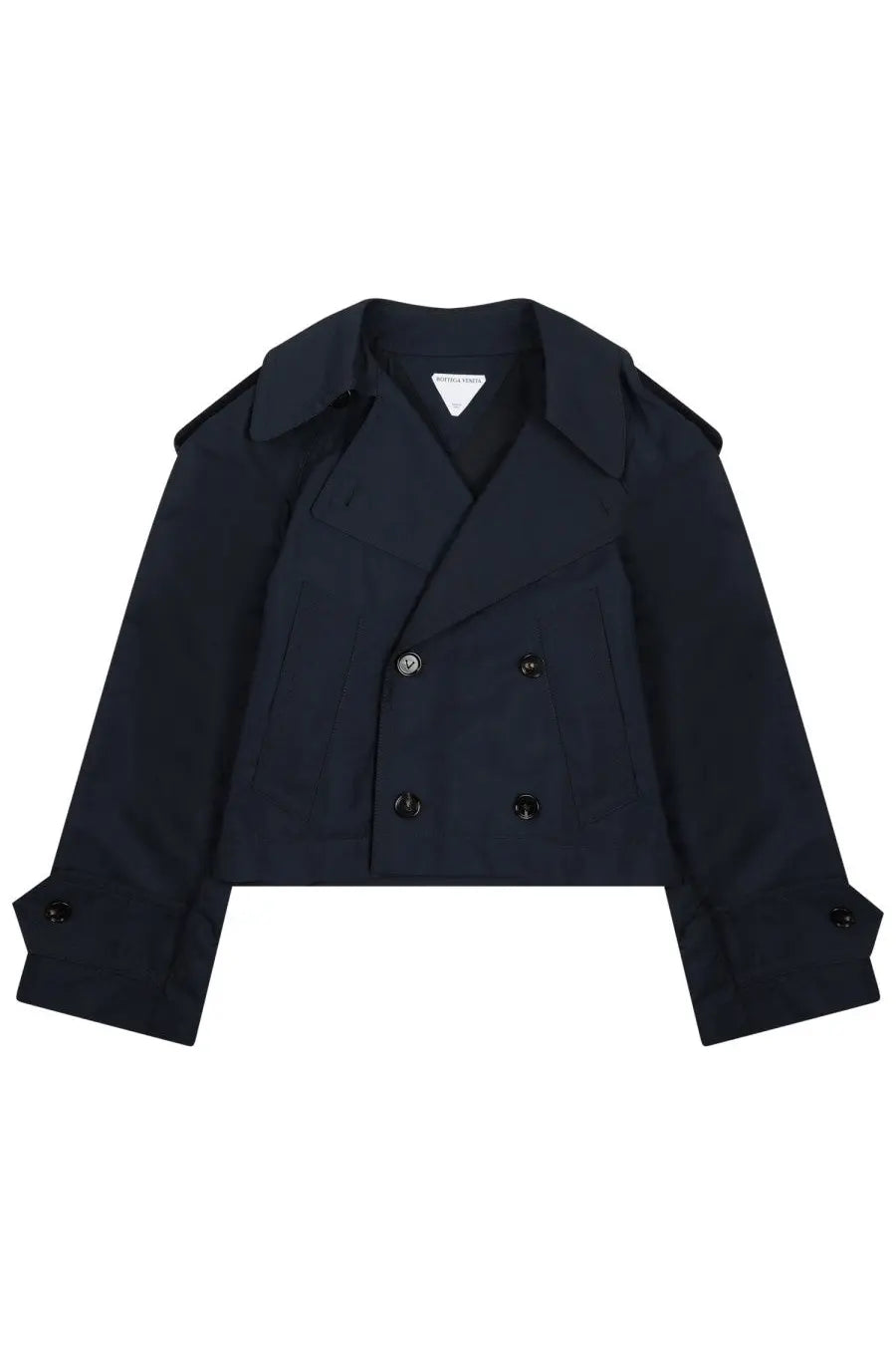 Bottega Veneta women’s black cotton double-breasted trench coat with structured shoulders and matte buttons