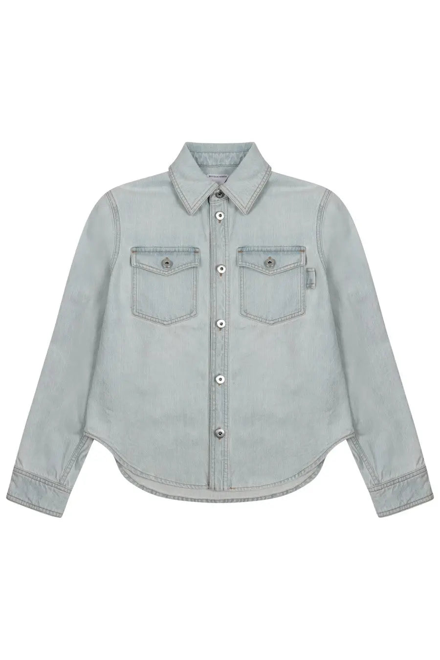 Bottega Veneta women’s extra bleach denim shirt blue with silver buttons and two chest pockets in light blue denim