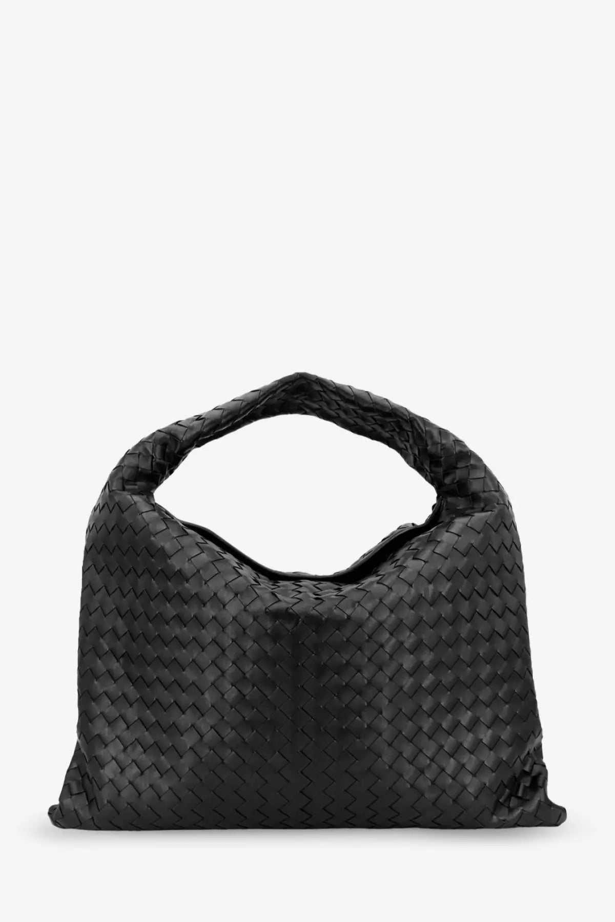 Bottega Veneta women’s hop hobo shoulder bag in black woven leather with distinctive zigzag pattern and rounded handles