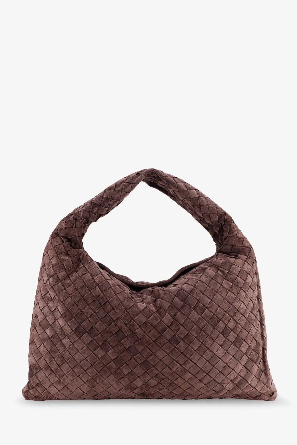 Bottega veneta women’s brown leather shoulder bag with suede woven diamond pattern and soft structured silhouette