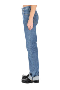 Bottega Veneta women’s indigo vintage straight jeans in medium-wash blue denim with rolled cuffs