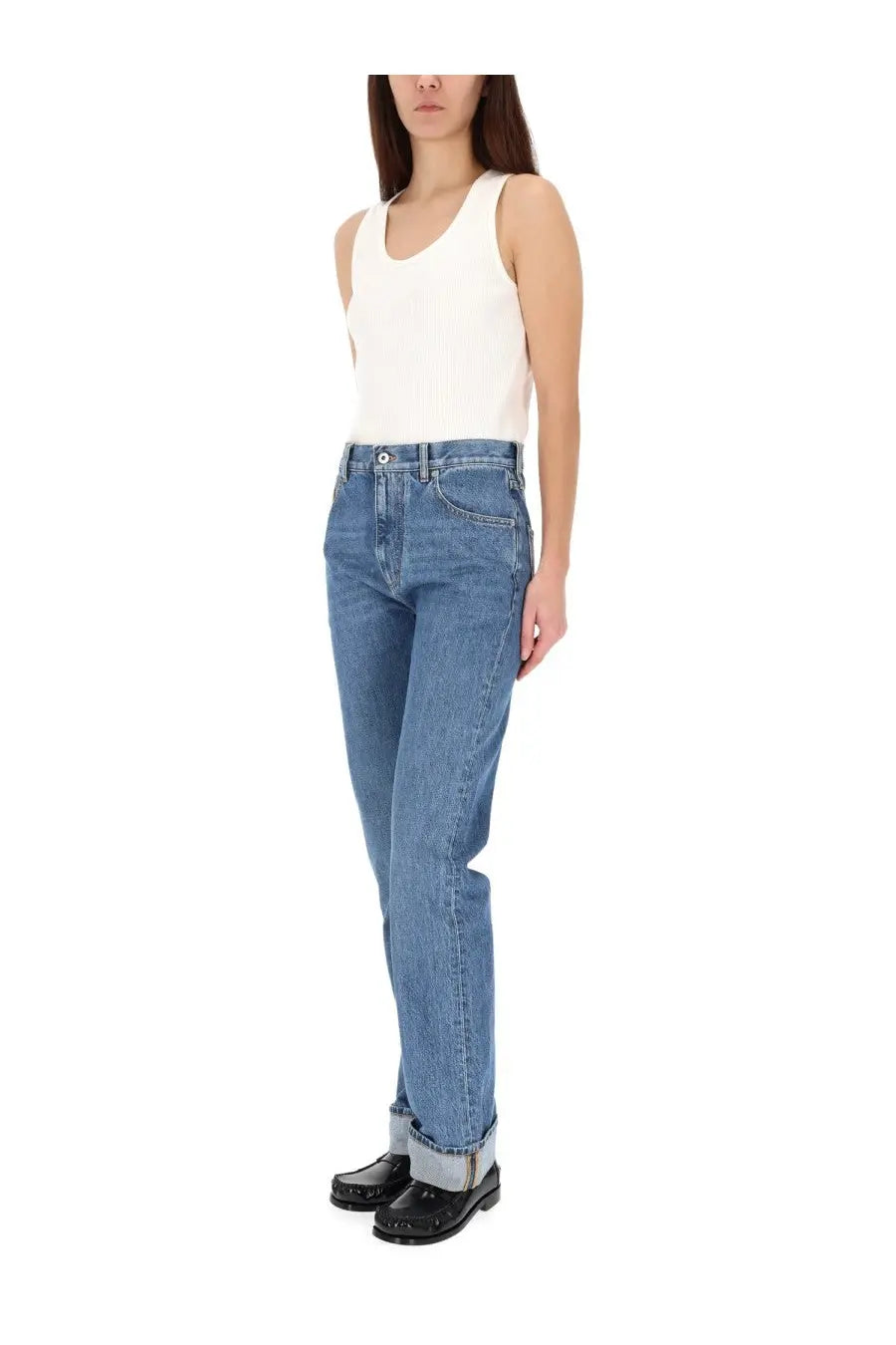 Bottega Veneta women’s indigo vintage straight jeans in medium blue high-waisted denim with classic stitching and rolled cuffs