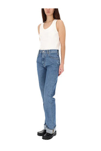 Bottega Veneta women’s indigo vintage straight jeans in medium blue high-waisted denim with classic stitching and rolled cuffs