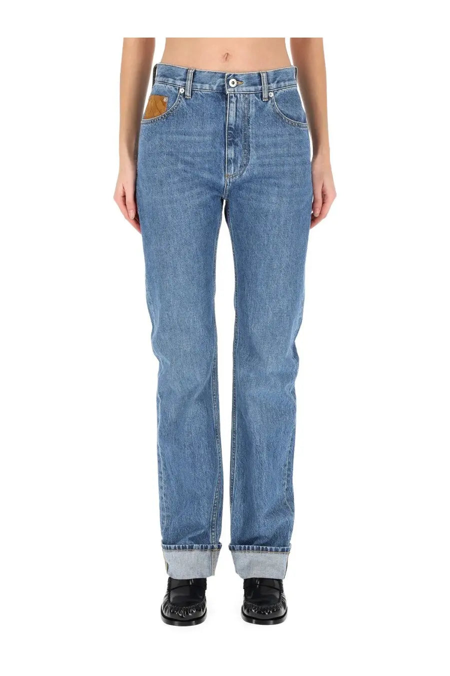 Bottega Veneta women’s indigo vintage straight jeans in medium-wash blue denim with rolled cuffs