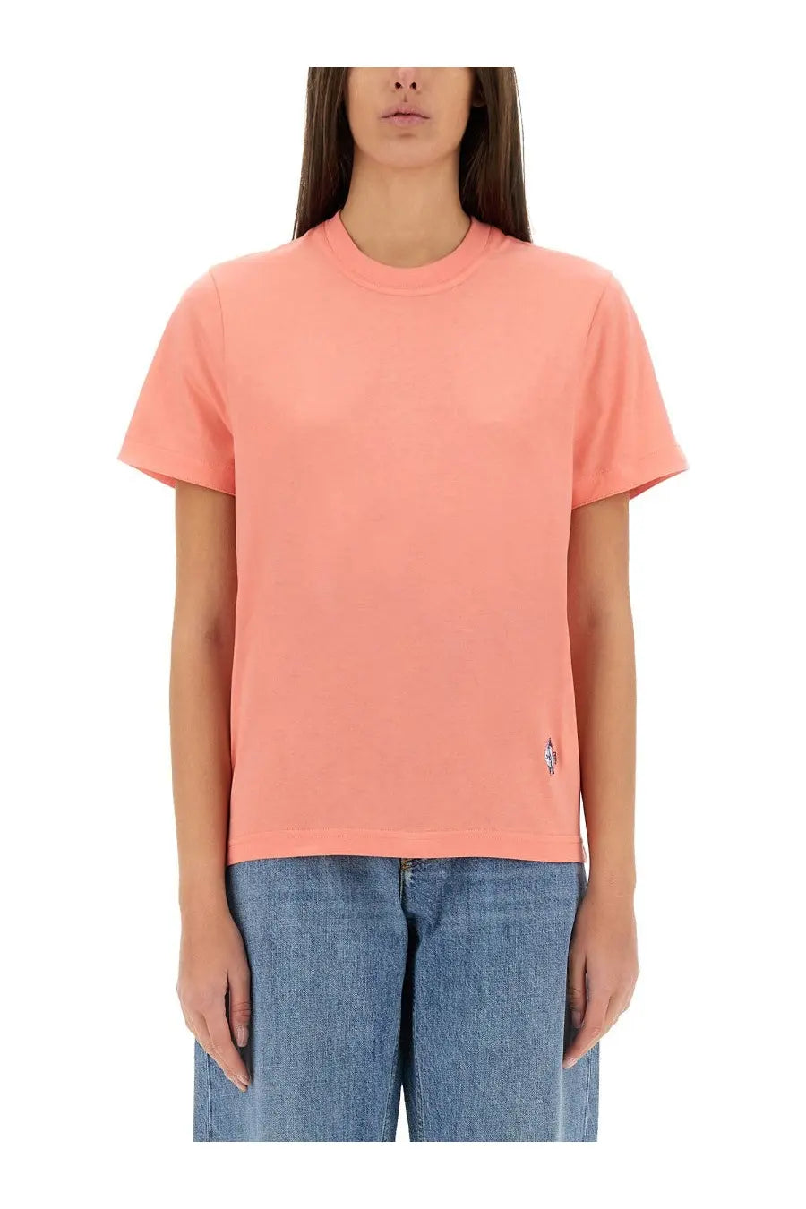 Bottega veneta women’s cotton jersey shirt in soft coral color with short sleeves and small embroidered logo detail