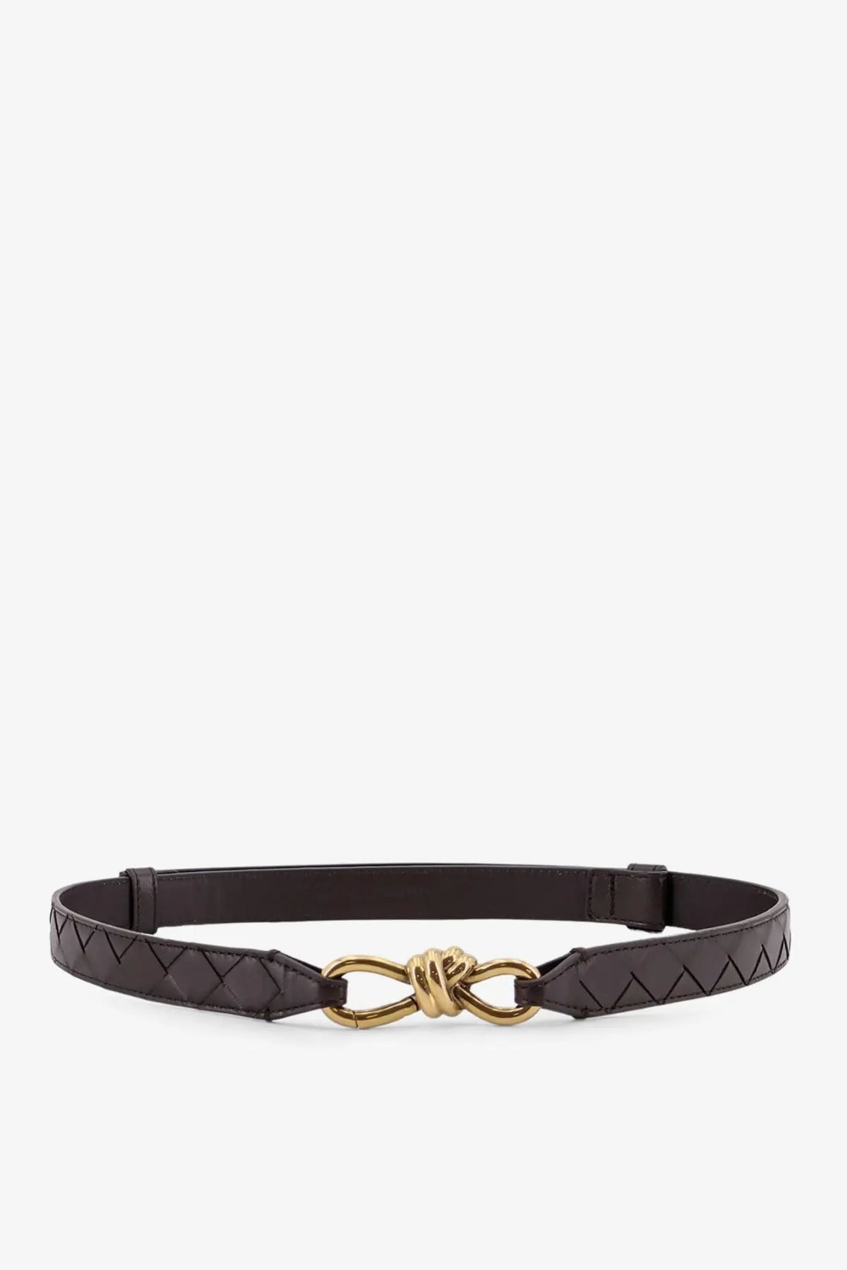 Bottega Veneta women’s brown leather belt with gold-tone infinity knot buckle and woven triangular pattern