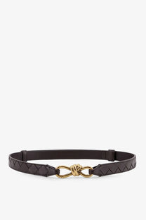 Bottega Veneta women’s brown leather belt with gold-tone infinity knot buckle and woven triangular pattern