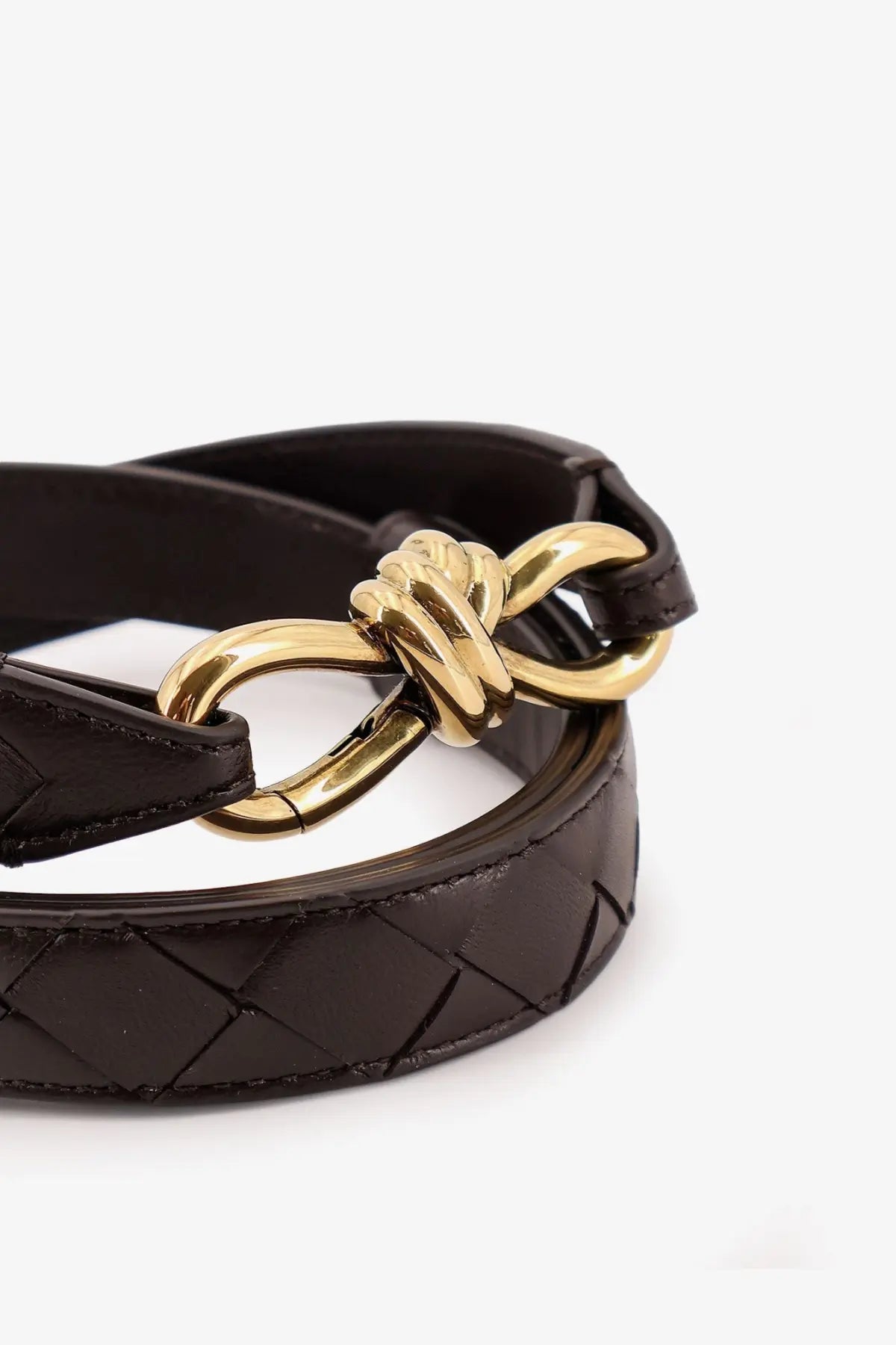 Bottega Veneta women’s dark brown leather belt with gold-tone knot style buckle woven design