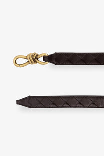 Bottega Veneta women’s brown leather belt with dark brown woven strap and gold-tone knot clasp