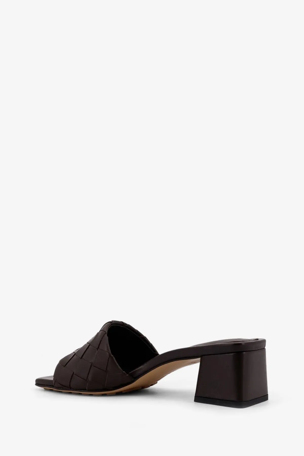 Black woven leather mule sandal with block heel by bottega veneta women’s brown leather heel sandals