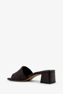 Black woven leather mule sandal with block heel by bottega veneta women’s brown leather heel sandals