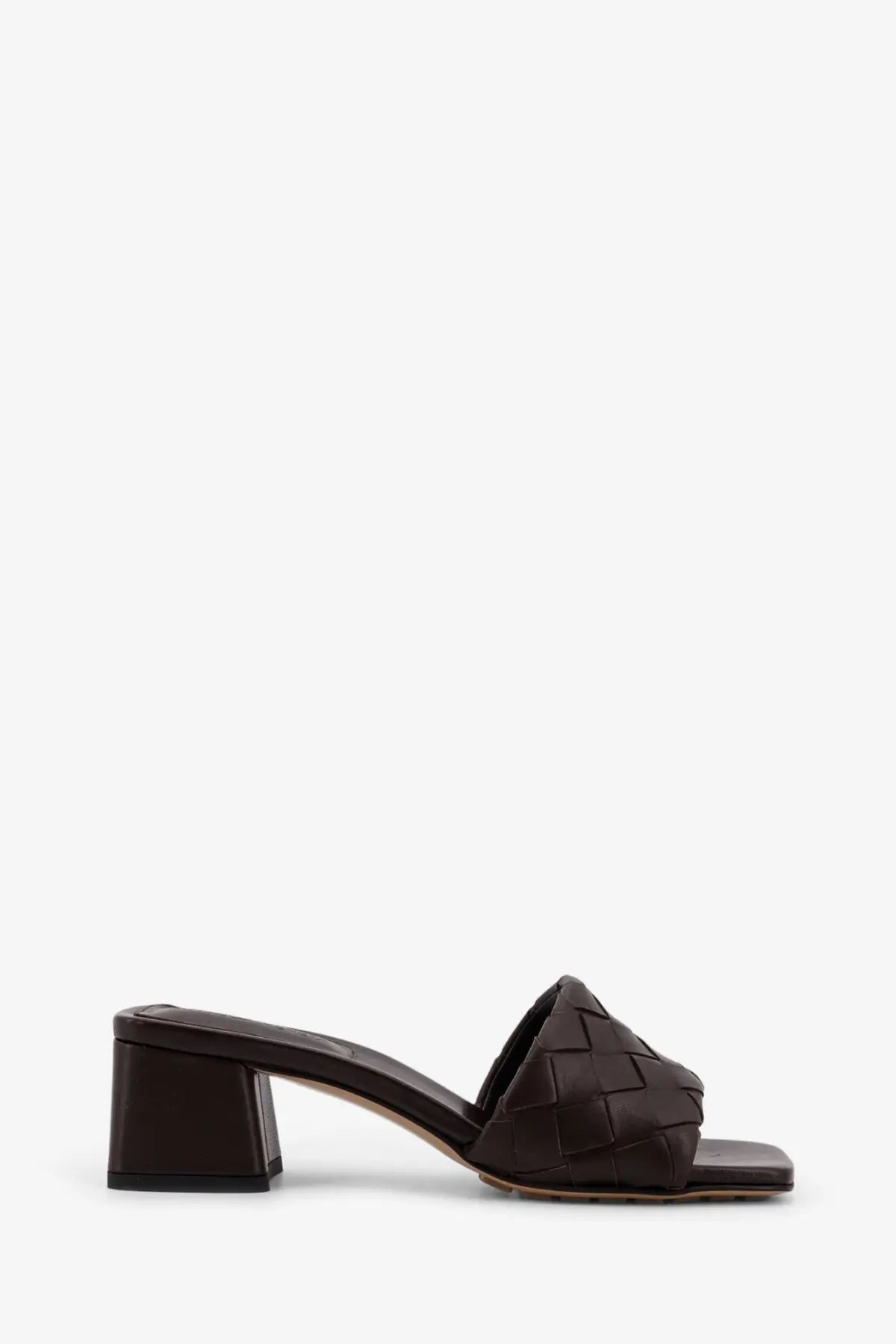 Dark brown leather mule sandal with woven strap and block heel from bottega veneta women’s leather heel sandals brown