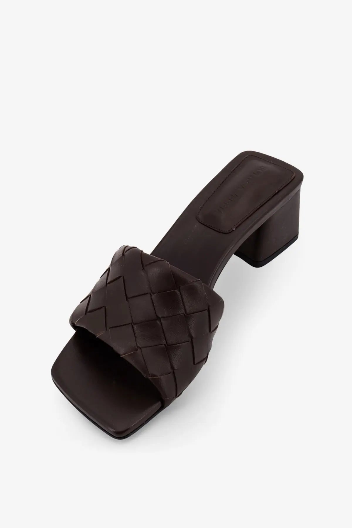 Dark brown woven leather mule sandal with block heel from bottega veneta womens leather heel sandals brown