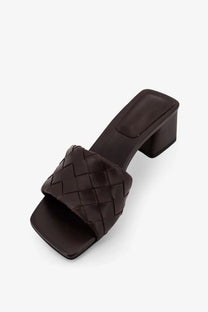 Dark brown woven leather mule sandal with block heel from bottega veneta womens leather heel sandals brown