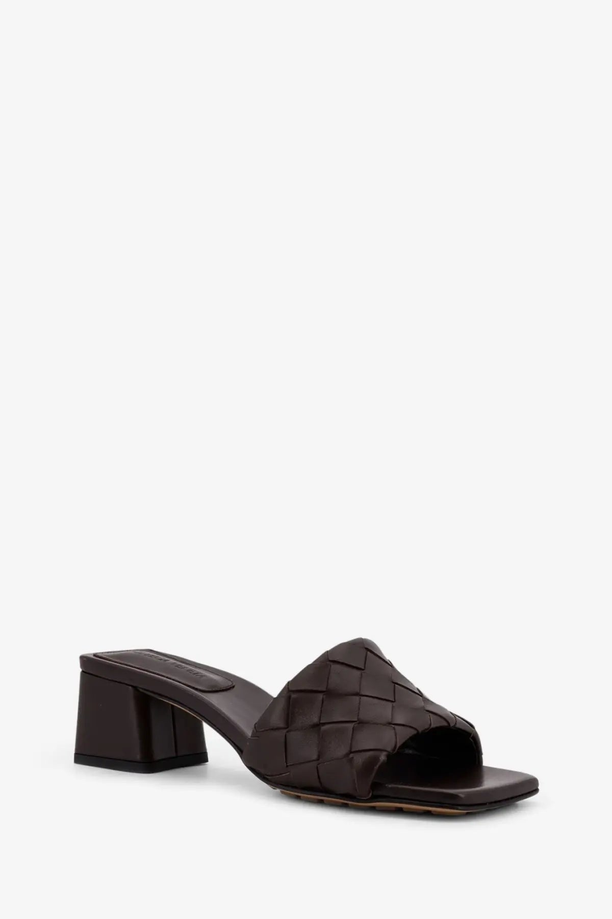 Dark brown woven leather mule sandal with block heel from bottega veneta for women