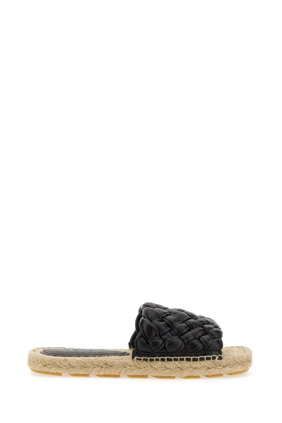 Bottega Veneta women’s black leather slide sandal with braided strap and espadrille sole