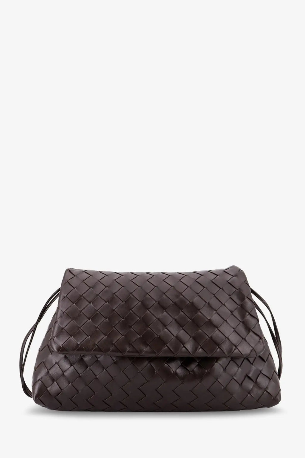 Bottega Veneta brown woven leather clutch with interlaced pattern and strap