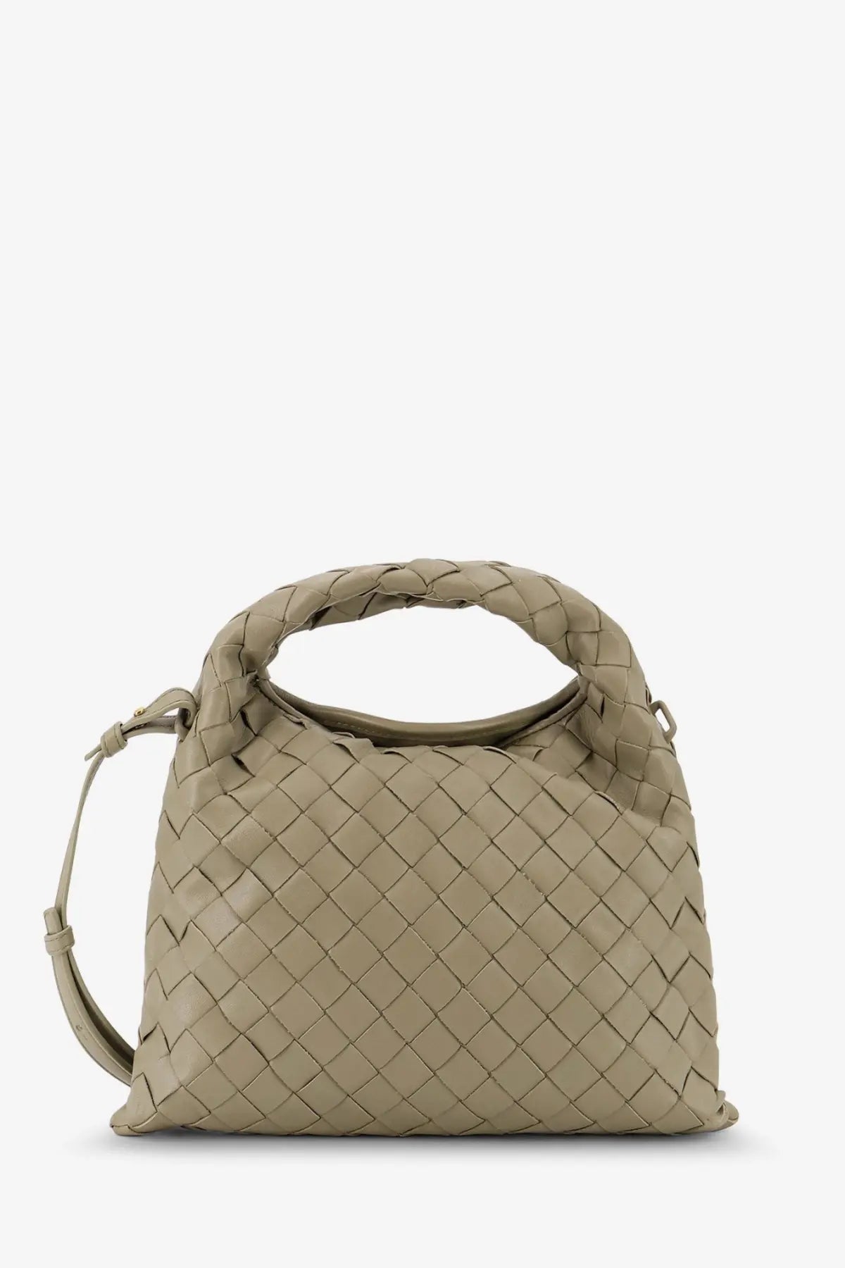 Bottega Veneta women’s mini hop leather crossbody bag in beige with taupe woven leather pattern and top handle