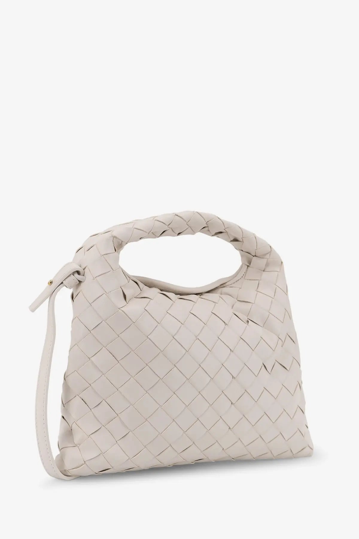 A sleek off-white woven leather Bottega Veneta mini hop crossbody bag with a braided pattern and integrated handle