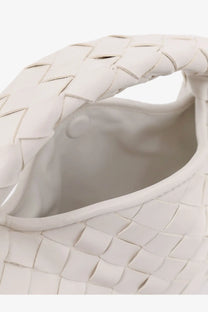 Bottega Veneta women’s white mini hop crossbody bag with woven leather and distinctive interlaced pattern