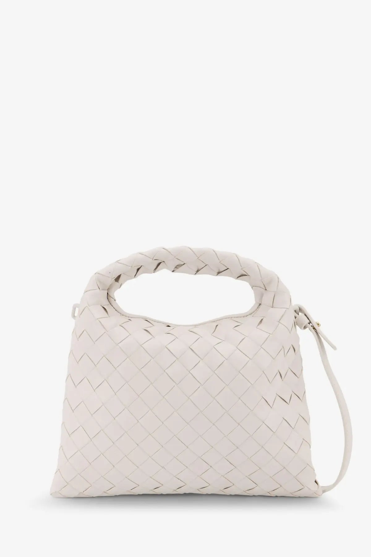 Bottega Veneta women’s white mini hop leather crossbody bag with woven design braided handle and adjustable shoulder strap