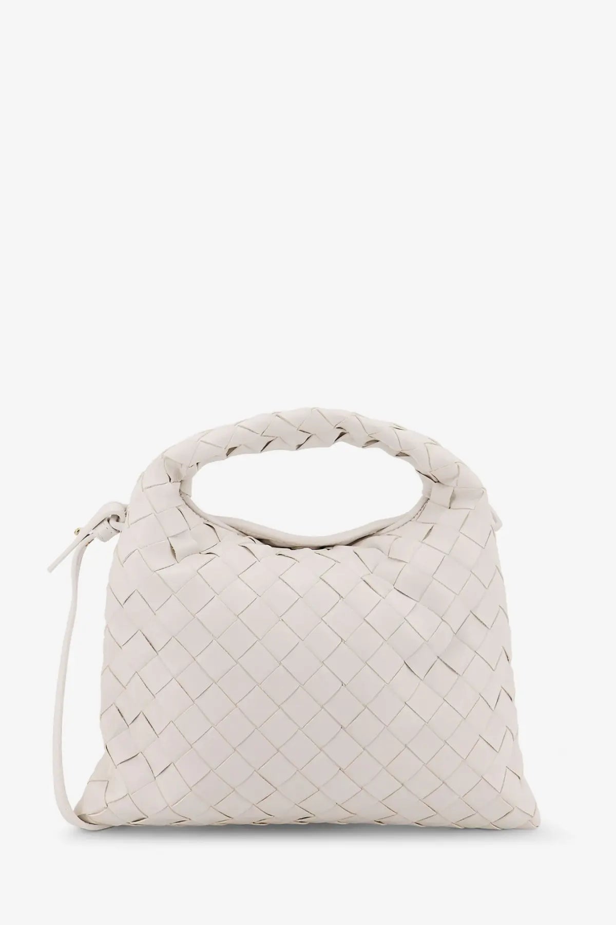 Bottega Veneta women’s mini hop white crossbody bag in woven leather with braided handle and adjustable shoulder strap