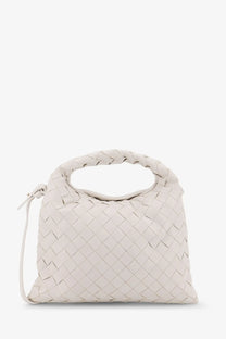 Bottega Veneta women’s mini hop white crossbody bag in woven leather with braided handle and adjustable shoulder strap
