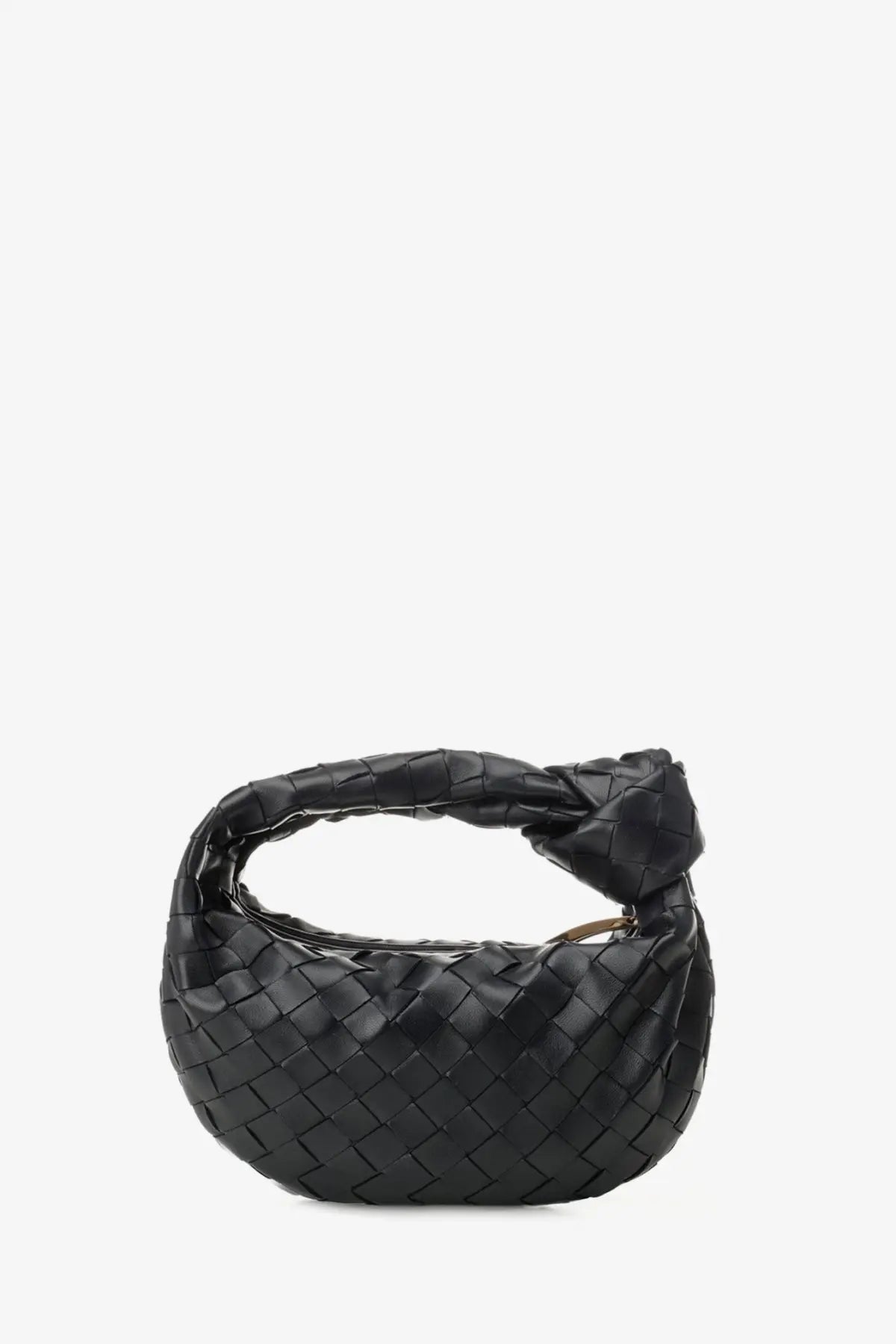 Bottega Veneta women’s mini Jodie black leather handbag with distinctive knotted woven leather handle