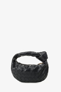 Bottega Veneta women’s mini Jodie black leather handbag with distinctive knotted woven leather handle