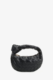 Bottega Veneta women’s mini Jodie black leather handbag with woven design and distinctive knot handle