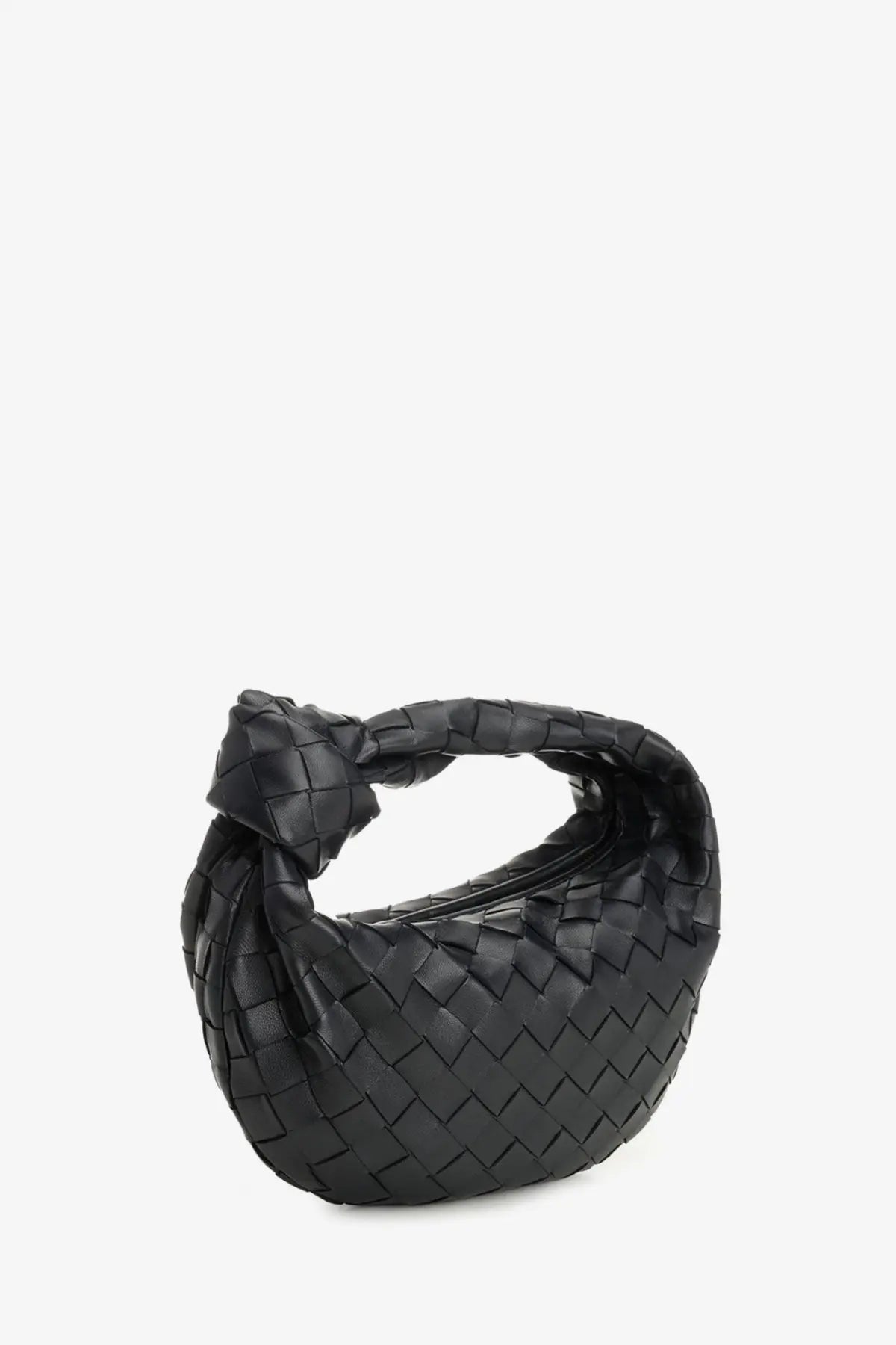 Bottega Veneta women’s mini Jodie handbag in black leather with a distinctive woven design and knotted handle