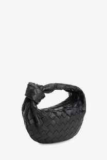 Bottega Veneta women’s mini Jodie handbag in black leather with a distinctive woven design and knotted handle