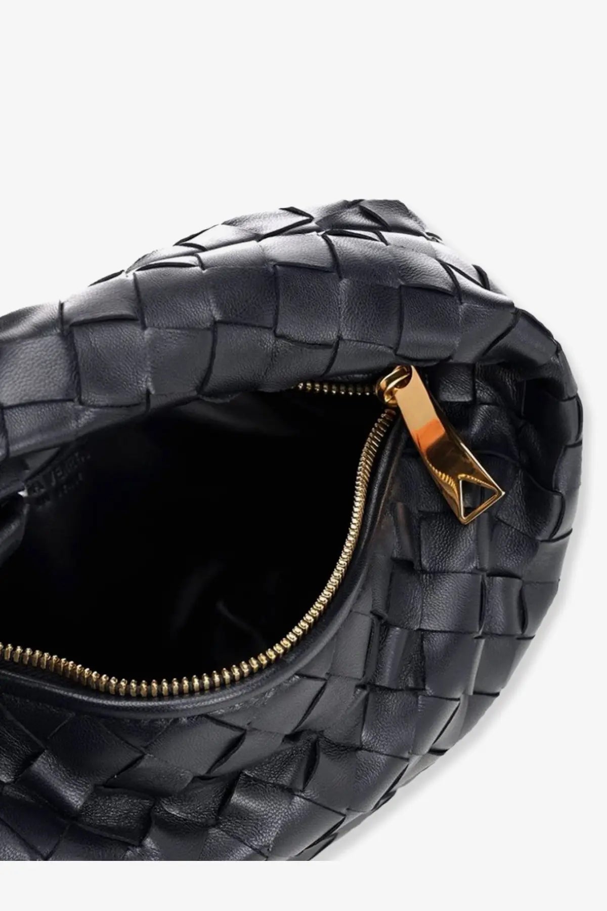 Bottega Veneta women’s mini Jodie black woven leather handbag with gold-tone zipper and pull tab