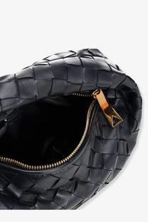 Bottega Veneta women’s mini Jodie black woven leather handbag with gold-tone zipper and pull tab