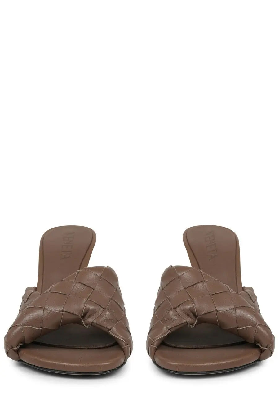 Bottega veneta women’s brown leather mules with a woven strap design for stylish casual wear