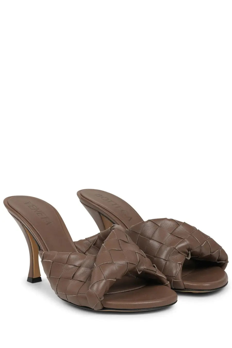 Bottega Veneta women’s mule shoe blink brown with brown leather, woven strap design, and slender heel