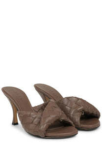 Bottega Veneta women’s mule shoe blink brown with brown leather, woven strap design, and slender heel