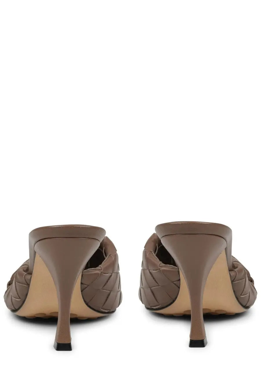 Bottega Veneta women’s brown woven leather mule shoe blink with sleek high heel and black tipped sole front view