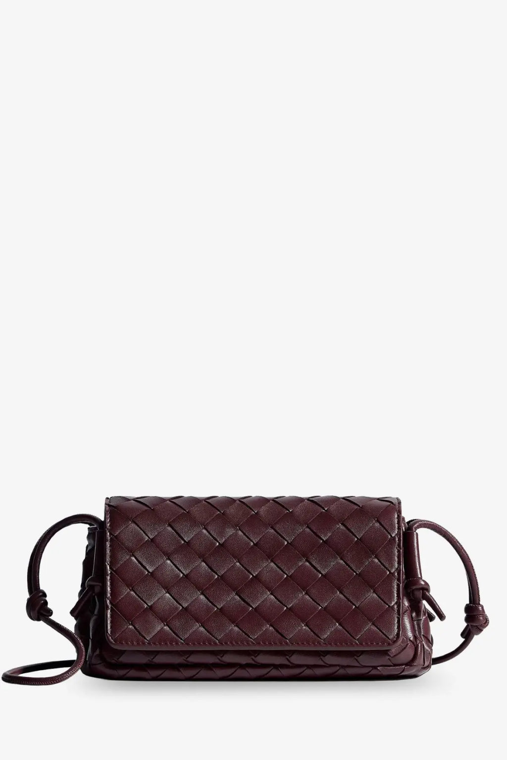 Bottega Veneta women’s notturno clutch bag in deep mahogany rich burgundy leather with woven texture and adjustable strap