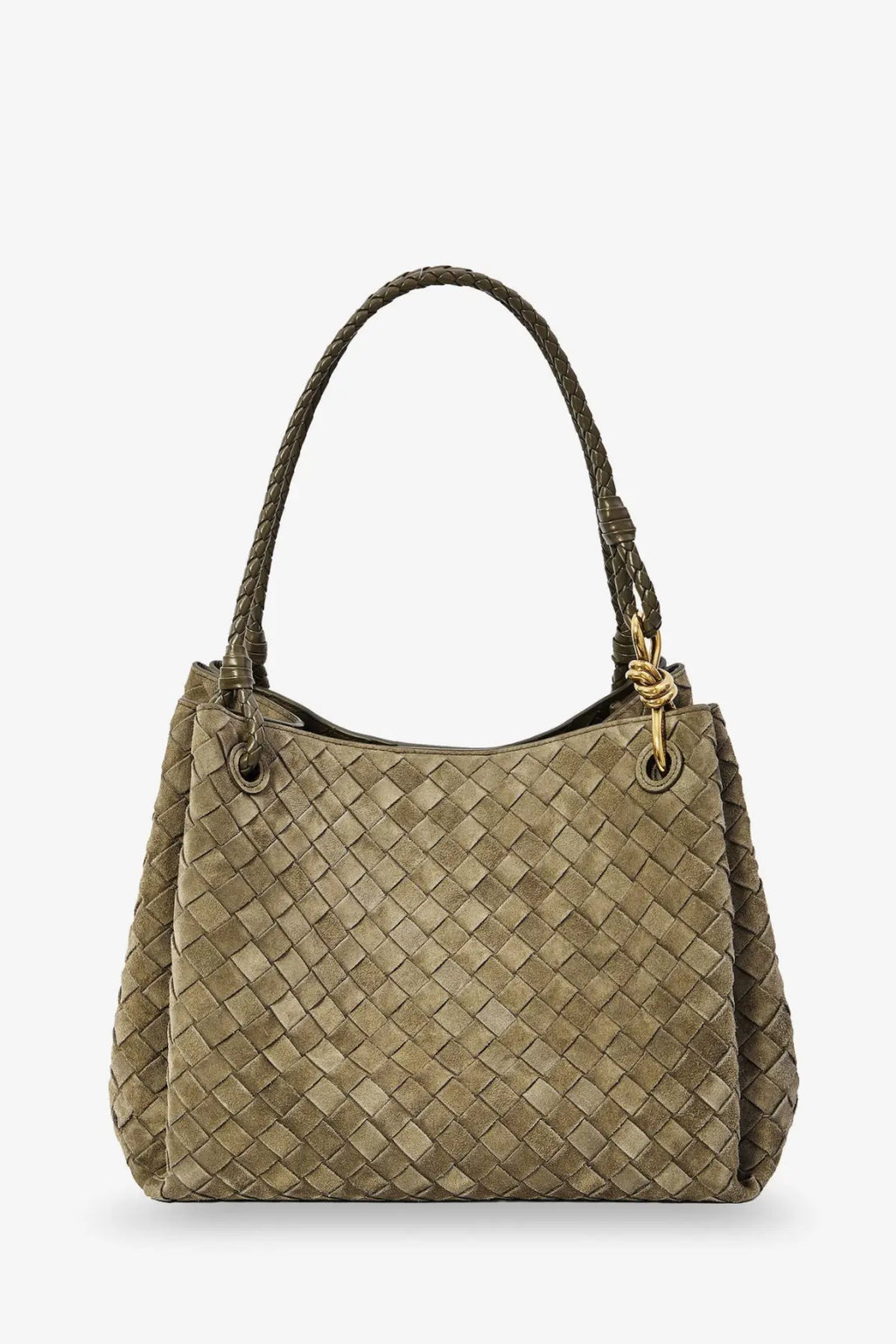 Olive green woven leather bottega veneta handbag with braided handles and gold-tone hardware for women